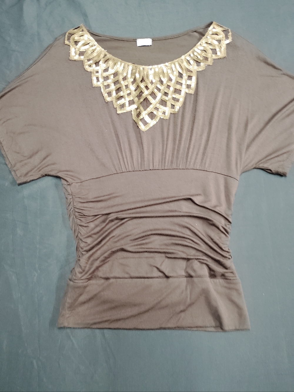 Charming Charlie Brown Short-Sleeve Top with Gold Sequin Neck